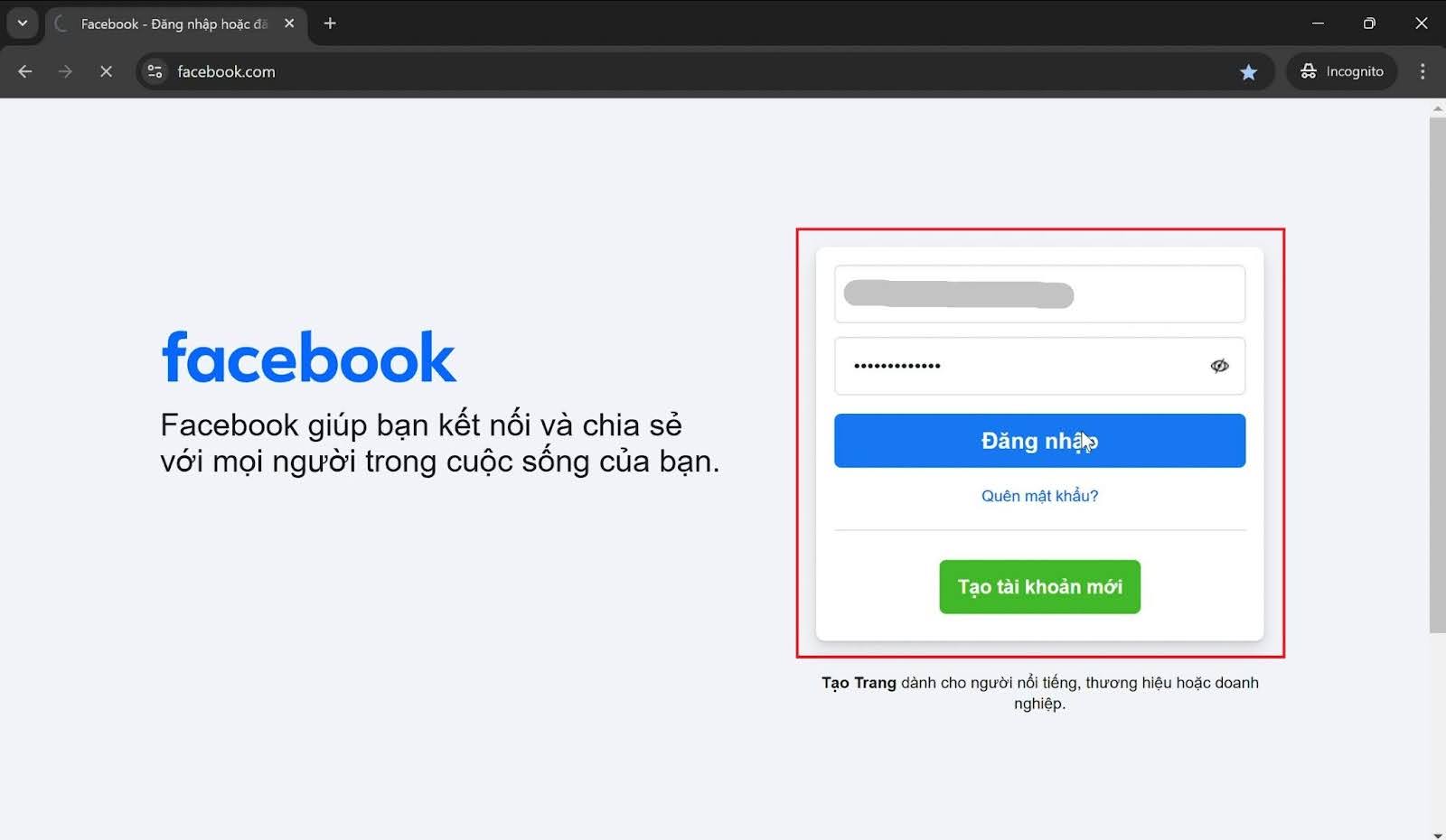 Đăng nhập vào tài khoản Facebook cá nhân của bạn