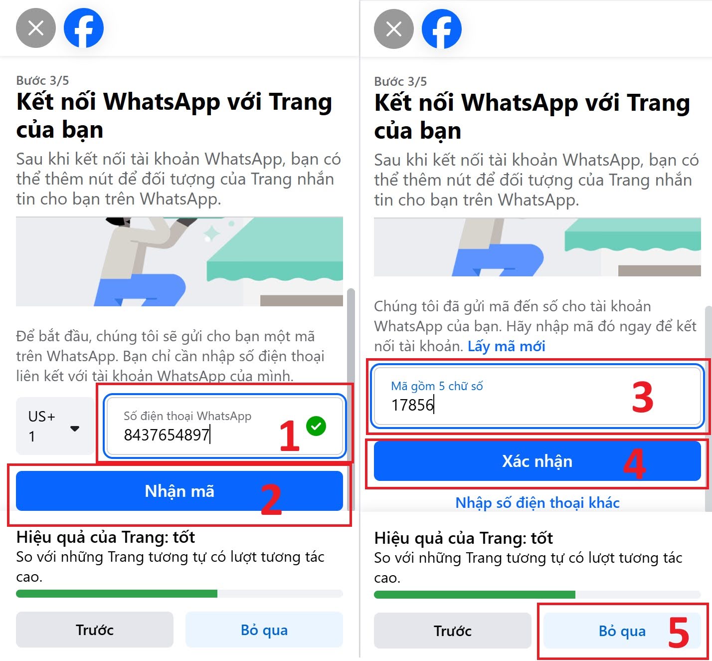 Kết nối trang với số điện thoại có đăng ký WhatsApp của bạn