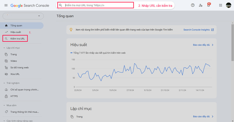 Bấm chọn “Kiểm tra URL” -> nhập URL mà bạn cần kiểm tra xem đã được Google lập chỉ mục hay chưa vào ô tìm kiếm -> nhấn Enter