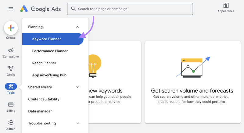 Bạn có thể nghiên cứu từ khóa bằng công cụ Keyword Planner trên Google Ads