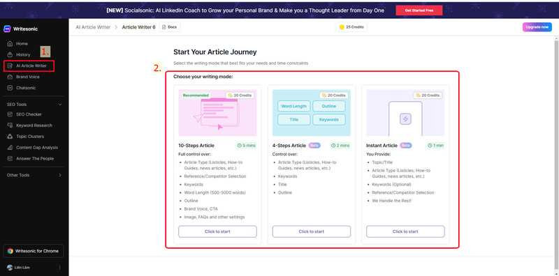 Chọn “AI Article Writer” -> bấm nút ‘Click to start”.