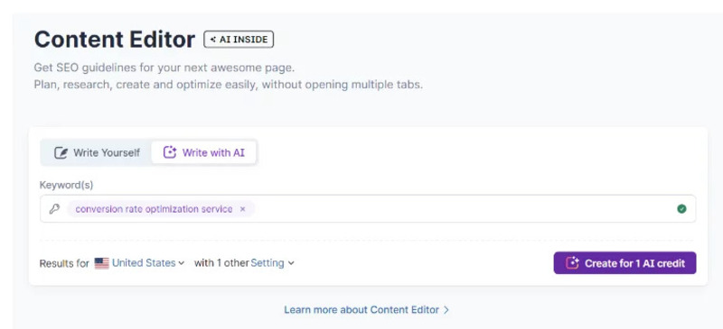 Chọn hoặc nhập các từ khóa, chọn quốc gia và cài đặt thiết bị sau đó nhấn “Create for one AI credit”.