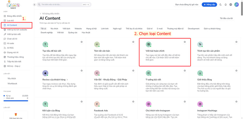 Chọn mục “AI Content” -> chọn loại nội dung muốn viết.