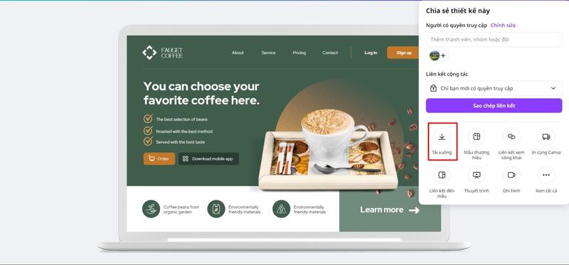 Chọn “tải xuống” để lưu về file thiết kế Landing Page của bạn