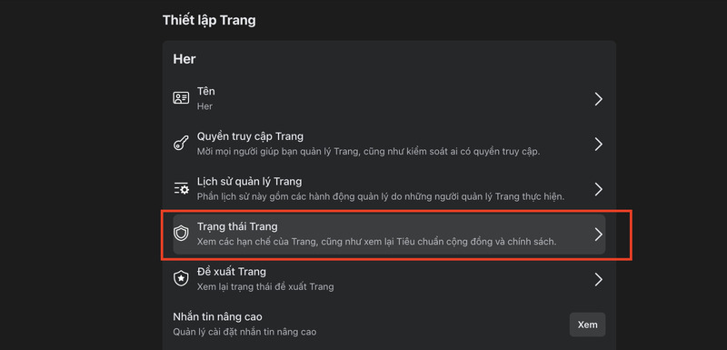 Chọn “Trạng thái trang” để xem chất lượng tài khoản