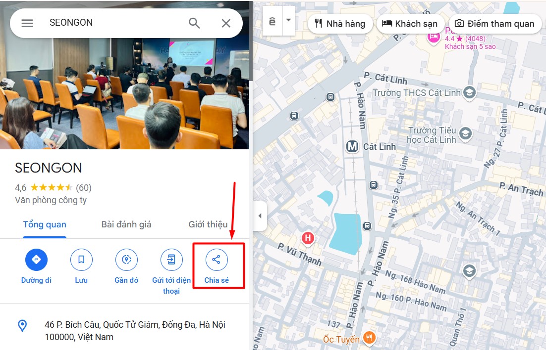 Chọn vào biểu tượng chia sẻ ở phần thông tin của doanh nghiệp
