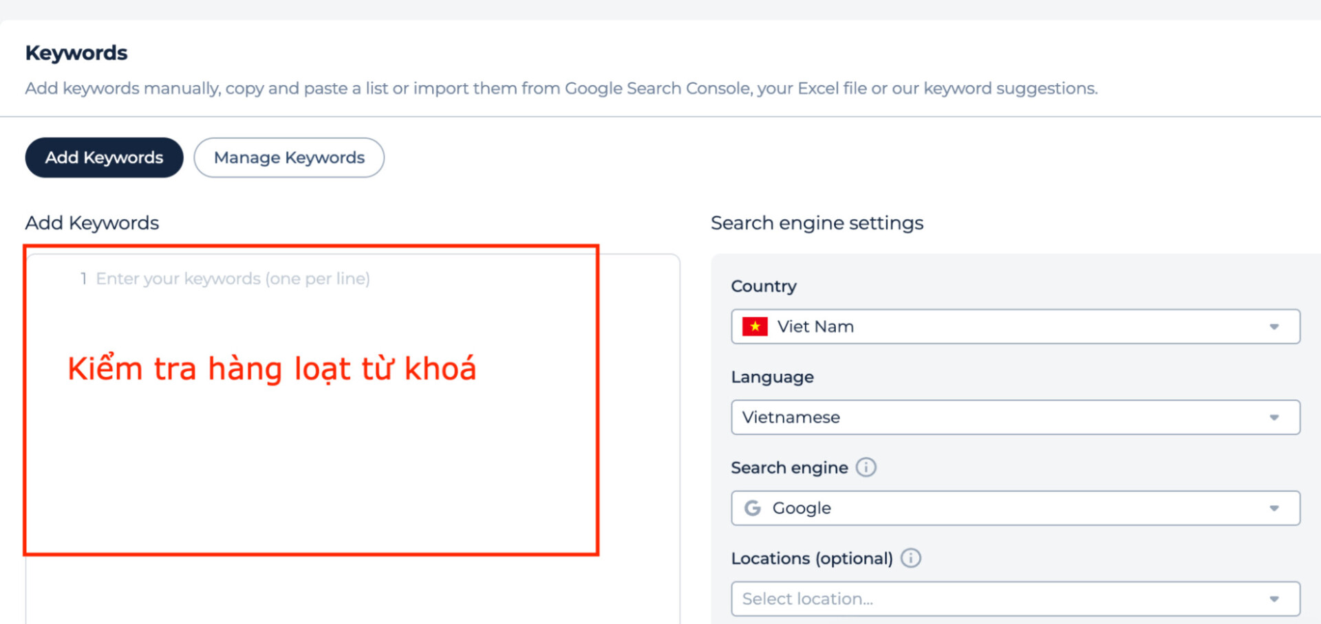 Công cụ cho phép kiểm tra thứ hạng của hàng loạt từ khóa trên website