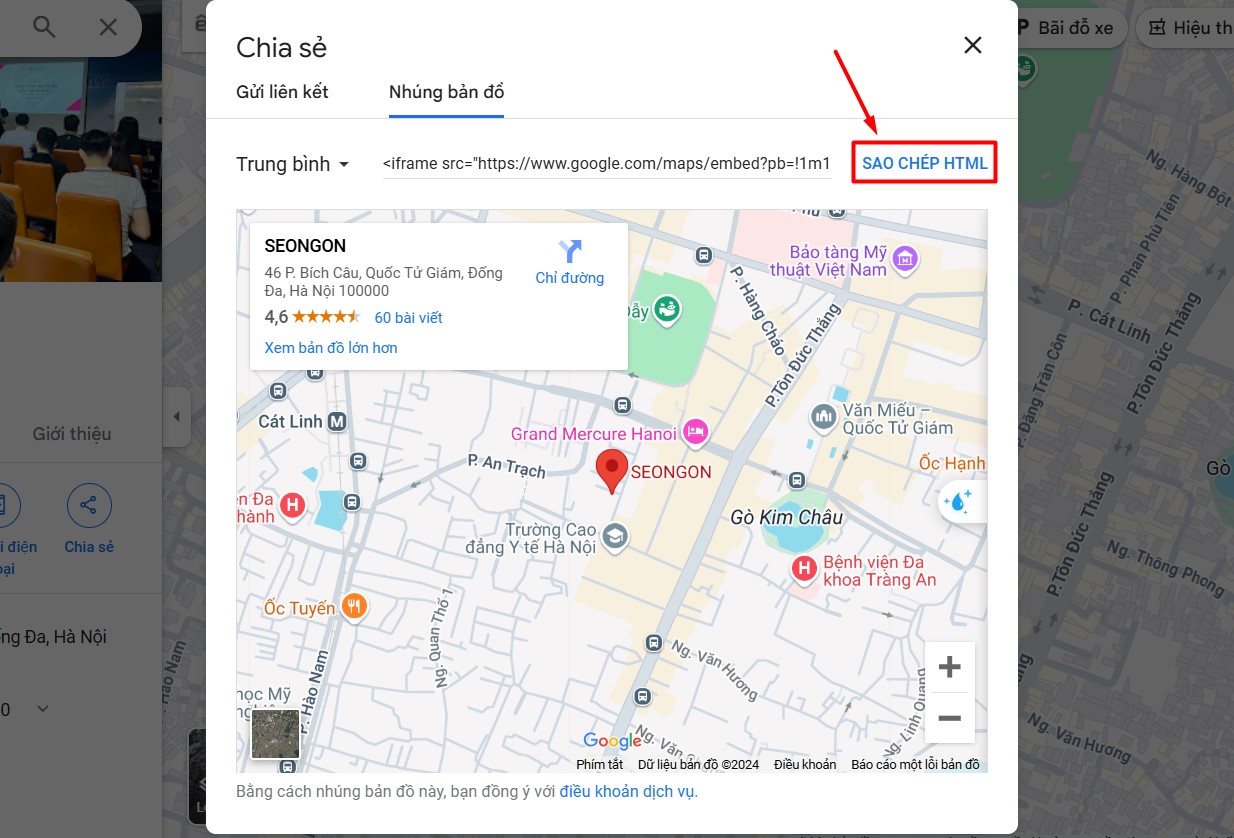 Để nhúng được bản đồ vào website bạn hãy chọn sao chép HTML