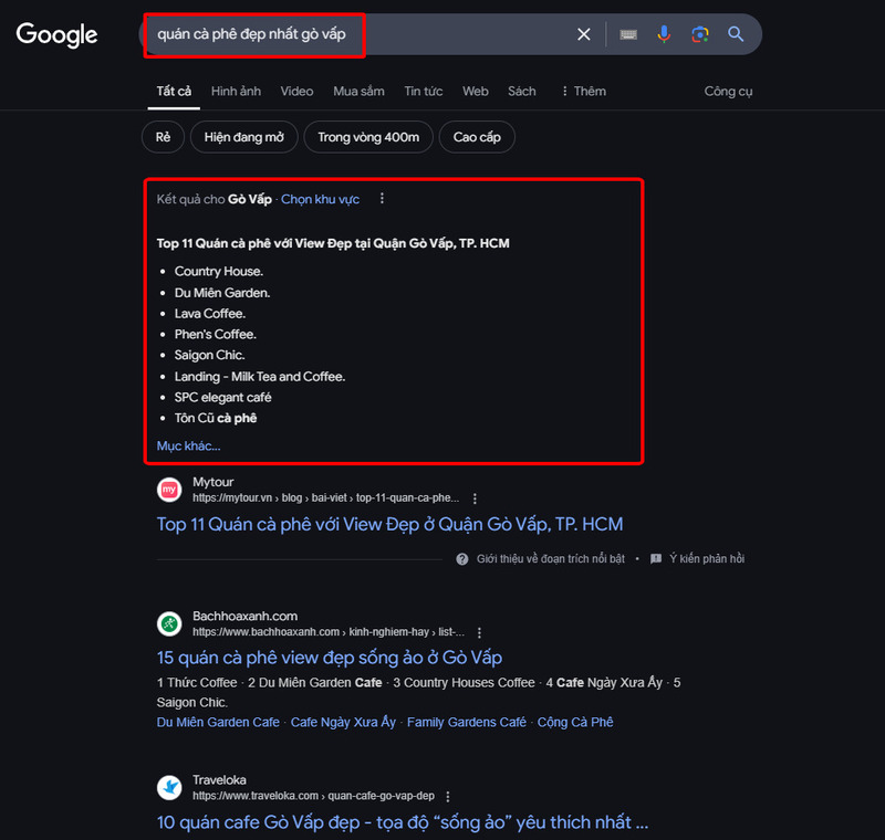 Đoạn trích nổi bật dạng bullet với từ khóa “quán cà phê đẹp nhất gò vấp”.