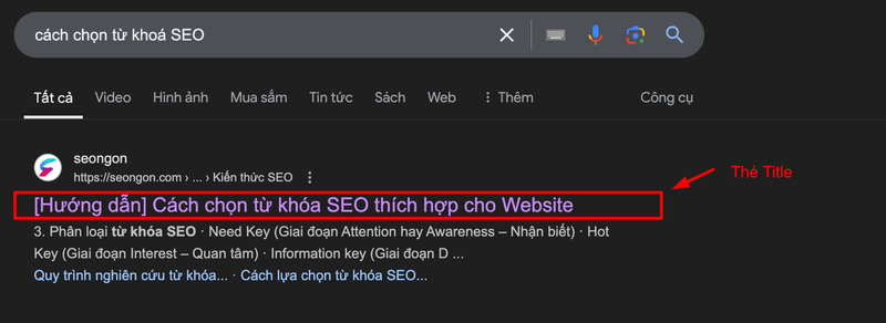 Focus keyword “Cách chọn từ khoá SEO” xuất hiện ở tiêu đề (Thẻ Title)