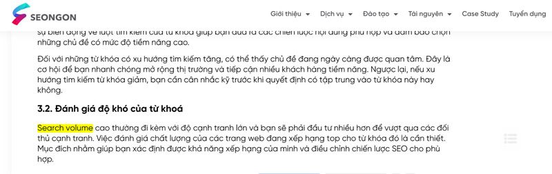 Focus keyword “Search Volume” xuất hiện ở nội dung bài viết