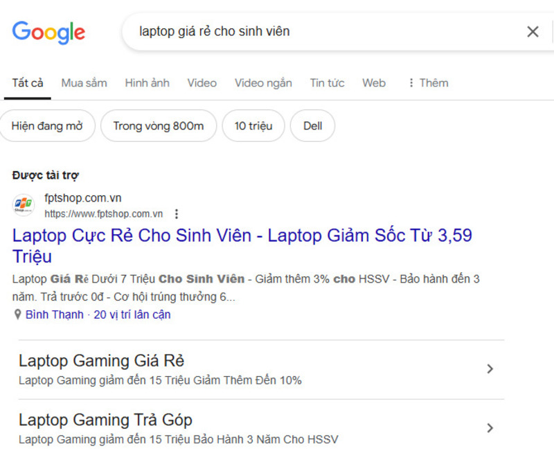 FPT Shop SEO từ khóa “laptop giá rẻ cho sinh viên” và từ khóa này xuất hiện ở sitelink của họ