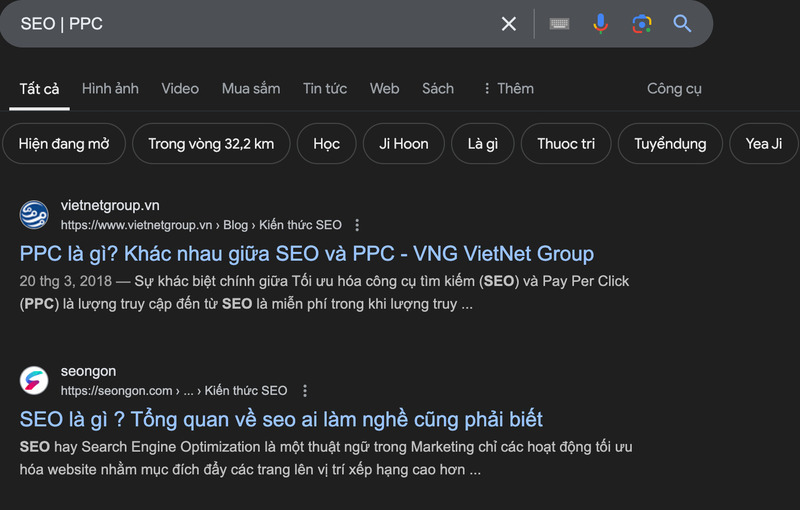 Kết quả cho kỹ thuật tìm kiếm dấu gạch đứng cho ví dụ “SEO | PPC”