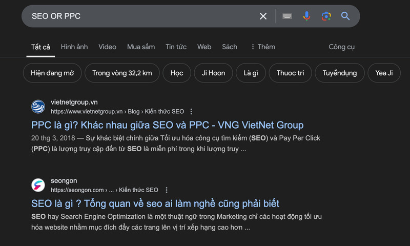 Kết quả cho thủ thuật tìm kiếm OR cho ví dụ “SEO OR PPC”