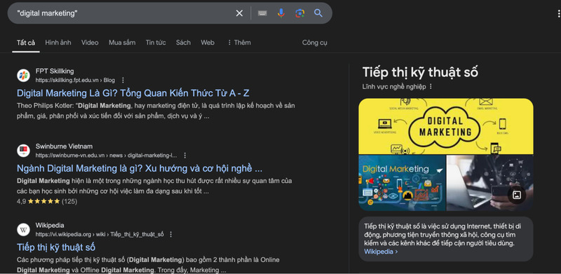 Kết quả khi sử dụng toán tử dấu ngoặc kép cho ví dụ “digital marketing”