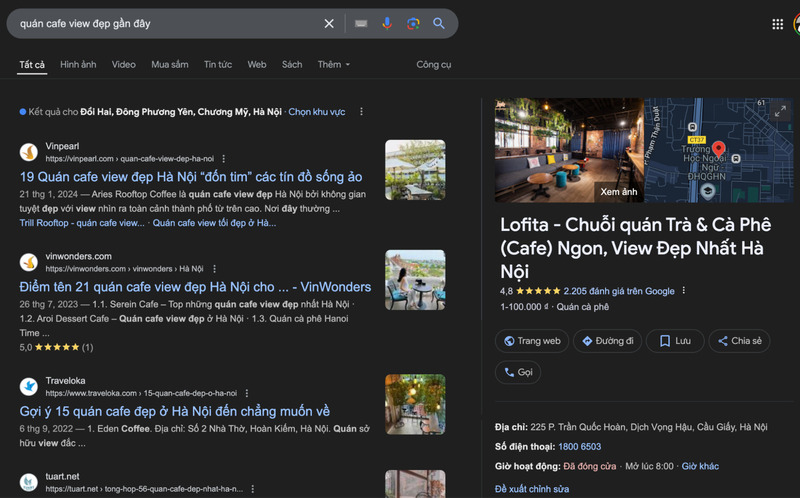 Kết quả khi tìm kiếm "quán cafe view đẹp gần đây"