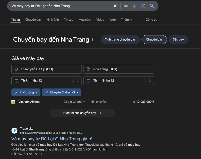 Kết quả khi tìm kiếm “Vé máy bay từ Đà Lạt đến Nha Trang”