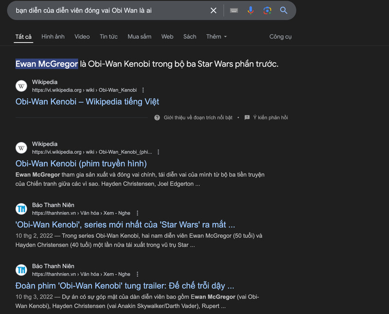 Kết quả khi truy vấn “bạn diễn của diễn viên đóng vai Obi Wan là ai”