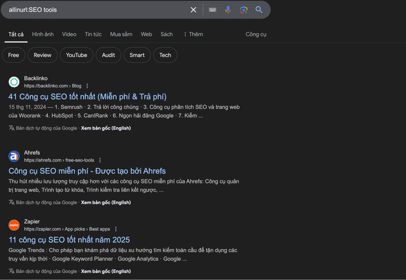 Kết quả kỹ thuật tìm kiếm allinurl cho ví dụ “allinurl:SEO tools”