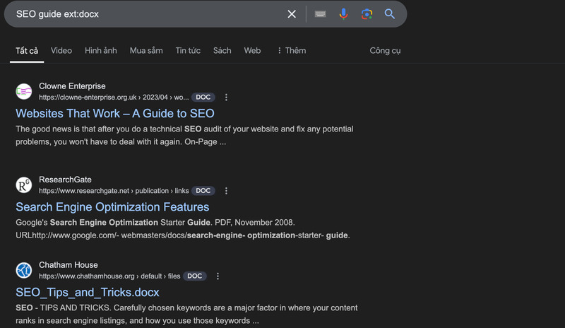 Kết quả kỹ thuật tìm kiếm ext cho ví dụ “SEO guide ext:docx”