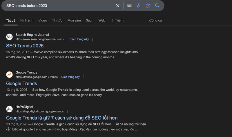 Kết quả kỹ thuật tìm kiếm Google before cho ví dụ “SEO trends before:2023”
