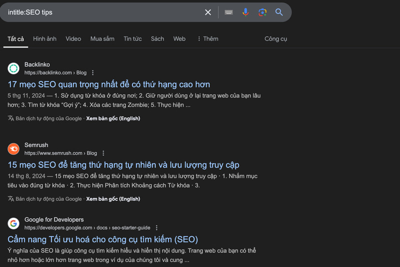 Kết quả kỹ thuật tìm kiếm intitle cho ví dụ “intitle:SEO tips”