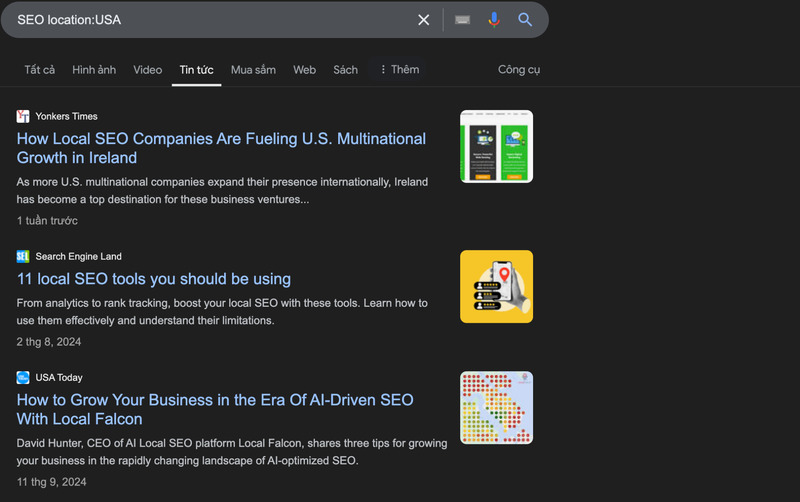 Kết quả kỹ thuật tìm kiếm location cho ví dụ “SEO location:USA”