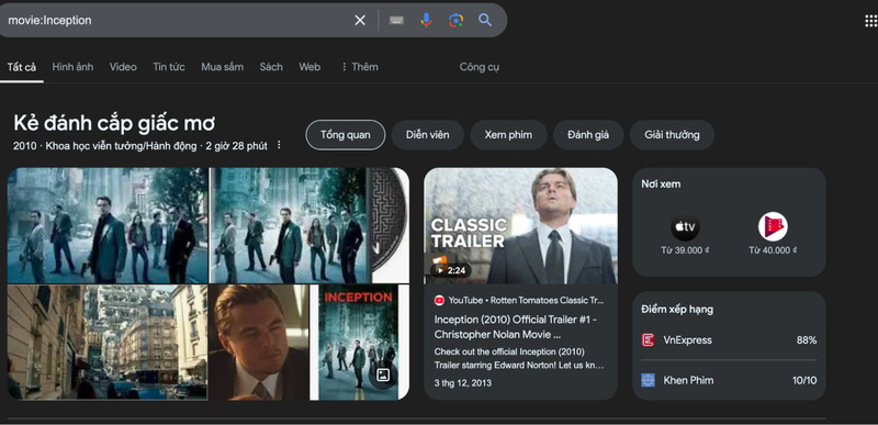 Kết quả kỹ thuật tìm kiếm movie cho ví dụ “movie:Inception”