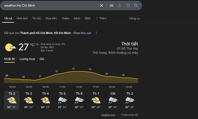 Kết quả kỹ thuật tìm kiếm weather cho ví dụ “weather:Ho Chi Minh”