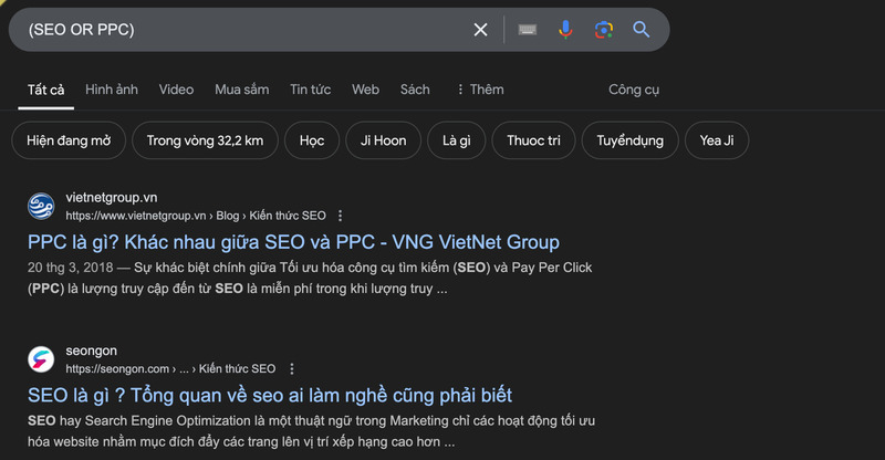 Kết quả thủ thuật tìm kếm dấu ngoặc tròn cho ví dụ “(SEO OR PPC)”