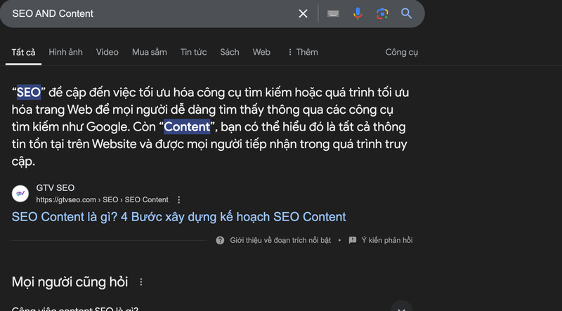 Kết quả thủ thuật tìm kiếm AND cho ví dụ “SEO AND Content”