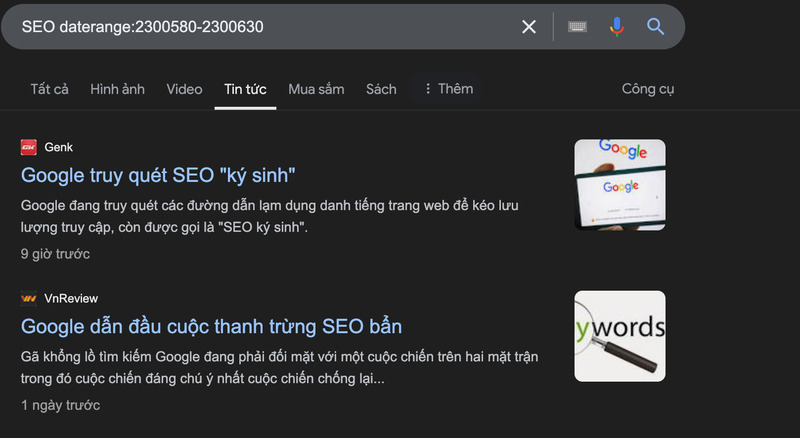 Kết quả thủ thuật tìm kiếm daterange cho ví dụ “SEO daterange:2300580-2300630”