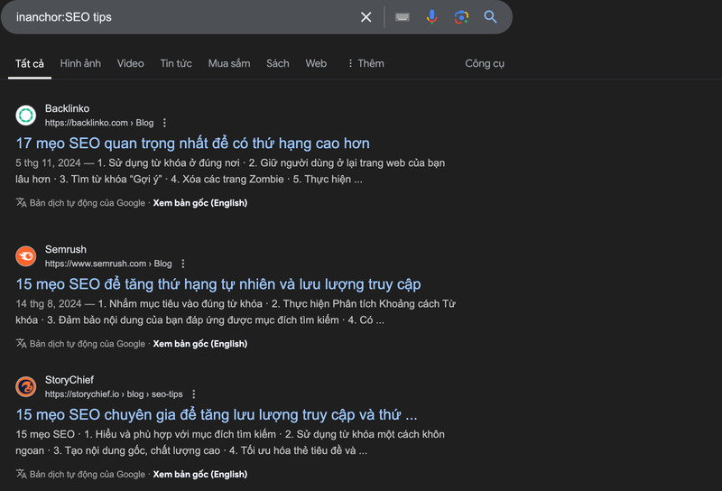 Kết quả thủ thuật tìm kiếm inanchor cho ví dụ “inanchor:SEO tips”