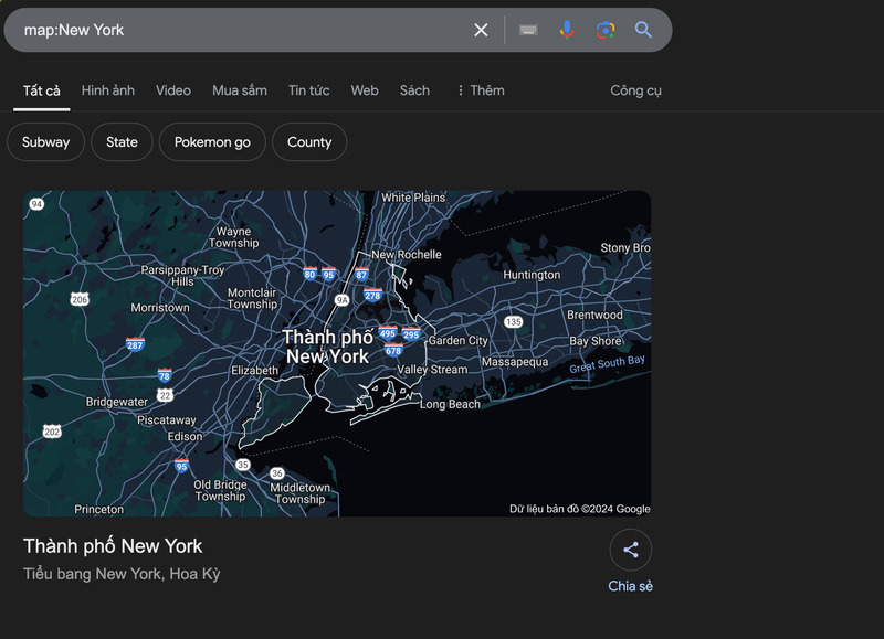 Kết quả thủ thuật tìm kiếm map cho ví dụ “map:New York”