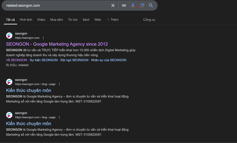 Kết quả thủ thuật tìm kiếm related cho ví dụ “related:seongon.com”