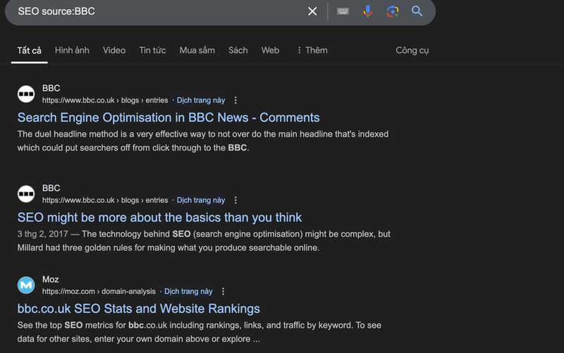Kết quả thủ thuật tìm kiếm souce cho ví dụ “SEO source:BBC”