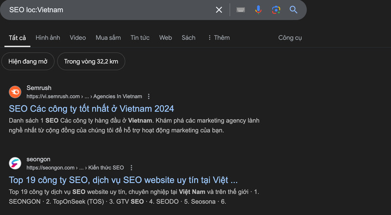 Kết quả thủ thuật tìm kiếm trên Google loc cho ví dụ “SEO loc:Vietnam”