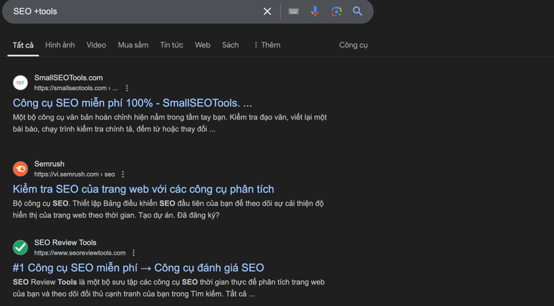 Kết quả thủ thuật tìm kiếm cho ví dụ “SEO +tools”