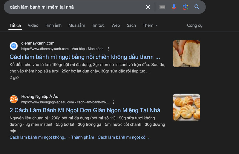 Kết quả tìm kiếm cho truy vấn “cách làm bánh mì mềm tại nhà”