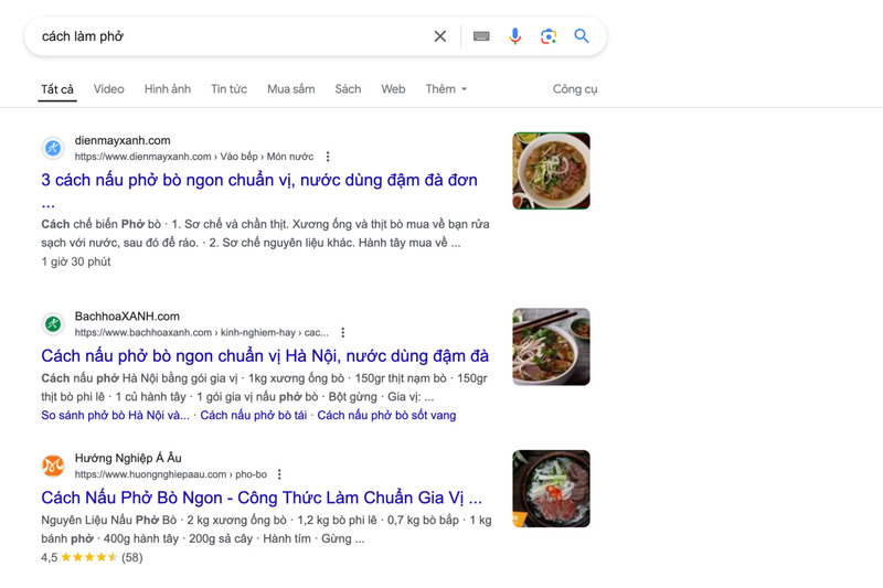 Kết quả tìm kiếm khi truy vấn “cách làm phở” khi ở Việt Nam
