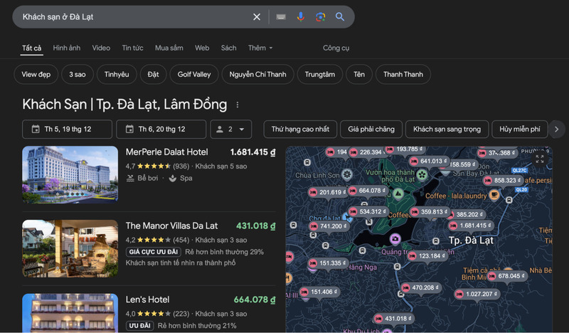 Kết quả tìm kiếm khi truy vấn “khách sạn ở Đà Lạt”