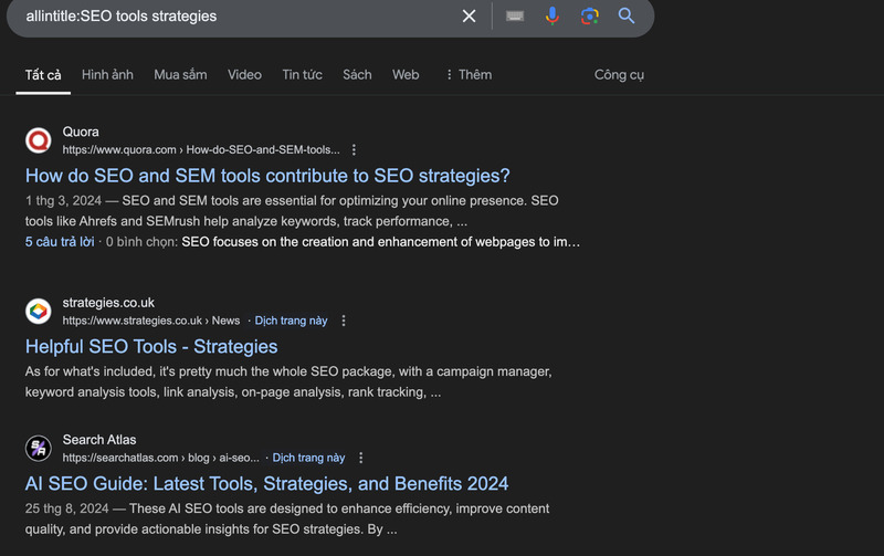 Kết quả toán tử allintitle cho ví dụ “allintitle:SEO tools strategies”