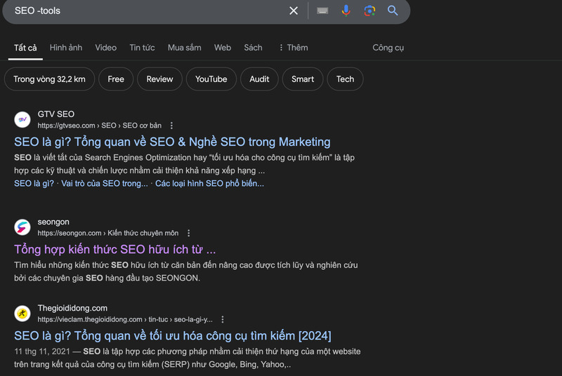 Kết quả toán tử dấu trừ cho ví dụ “SEO -tools”