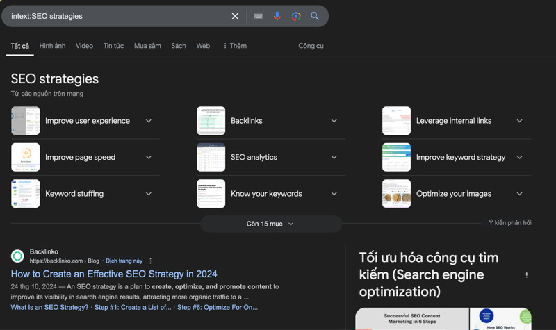 Kết quả toán tử Google intext cho ví dụ “intext: SEO strategies”