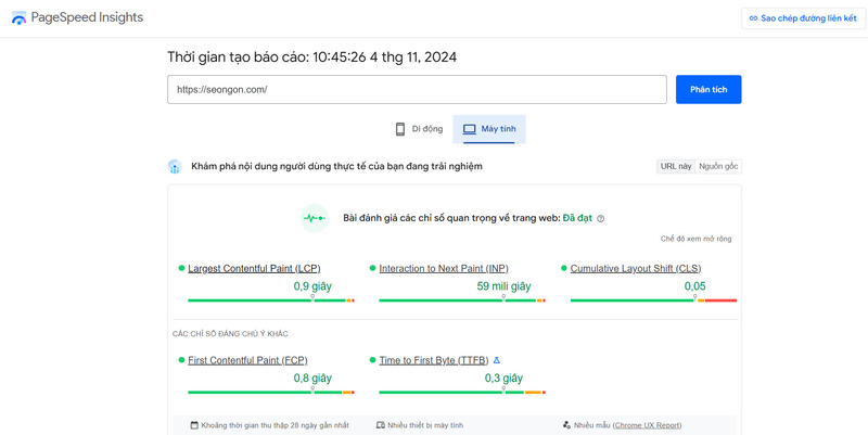 Mô tả công cụ kiểm tra tốc độ tải trang PageSpeed Insights máy tính