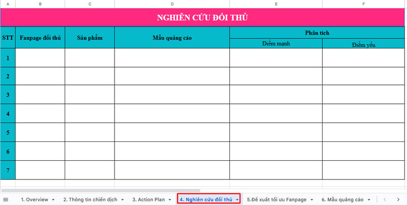 Bạn có thể nghiên cứu cũng như phân tích chi tiết các đối thủ cạnh tranh của mình tại sheet Nghiên cứu đối thủ