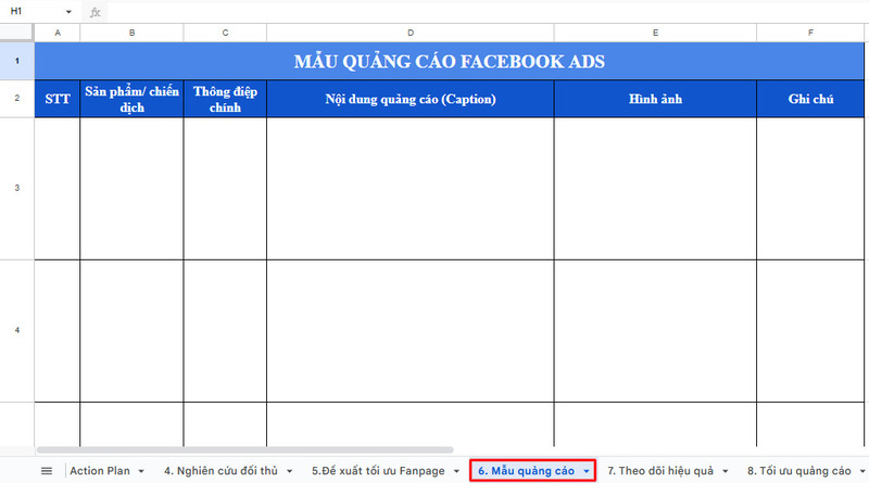 Bạn cập nhật các mẫu quảng cáo Facebook Ads tại Sheet Mẫu quảng cáo