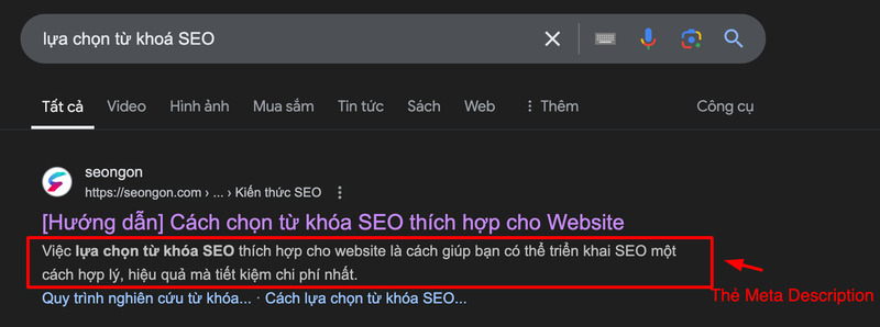 Sự xuất hiện của focus keyword “lựa chọn từ khóa SEO” trong Meta Description