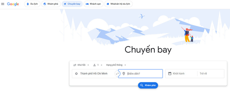 Tab chuyến bay cho phép tìm kiếm nhanh thông tin về du lịch