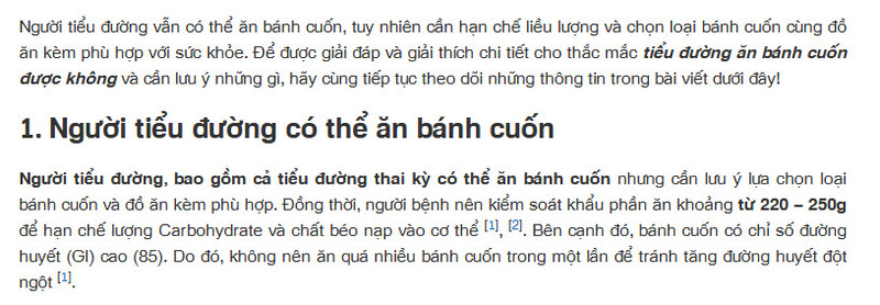 Nội dung tối ưu đoạn trích nổi bật cho từ khóa dài dạng câu hỏi “tiểu đường có ăn được bánh cuốn không”.